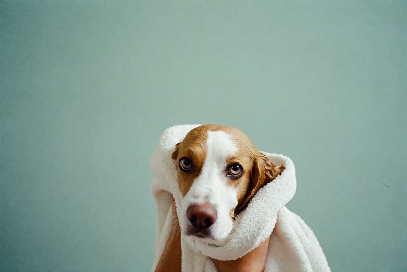 A dog being towel-dried after its bath