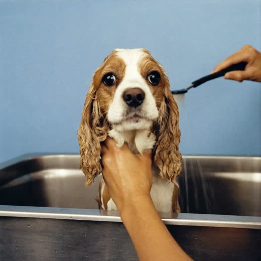 A spaniel being bathed and shampooed